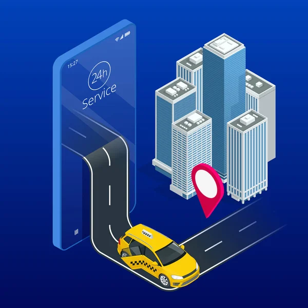 Taxidienst. Handy mit Taxi-App auf Stadthintergrund. App zur mobilen Bestellung von Taxis. isometrisches Taxi, gelbes Führerhaus und GPS-Routenpunkte auf Smartphone und Touchscreen — Stockvektor