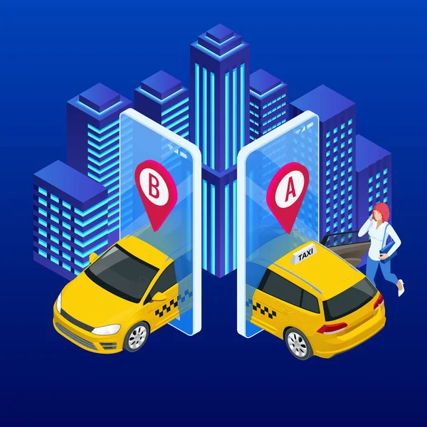 Taxitjänst. Mobiltelefon med taxiapp på city bakgrund. Online mobil taxibeställning tjänst app. Isometrisk taxi gul hytt och Gps rutt punktstift på smartphone och pekskärm — Stock vektor