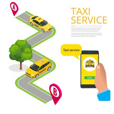 Isometric Online Taxi sipariş ediyor ve çevrimiçi taksi çağırıyor. İniş sayfası için mobil uygulama kavramı. Sokak trafiği, park, şehir ulaşımı, akıllı telefon ve dokunmatik ekrandaki GPS güzergahı lobutları
