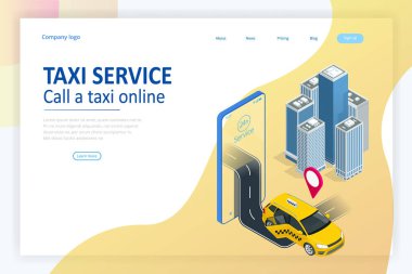 Isometric Online Taxi sipariş ediyor ve çevrimiçi taksi çağırıyor. İniş sayfası için mobil uygulama kavramı. Sokak trafiği, park, şehir ulaşımı, akıllı telefon ve dokunmatik ekrandaki GPS güzergahı lobutları