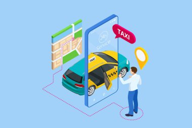 Isometric Online Taxi sipariş ediyor ve çevrimiçi taksi çağırıyor. İniş sayfası için mobil uygulama kavramı. Sokak trafiği, park, şehir ulaşımı, akıllı telefon ve dokunmatik ekrandaki GPS güzergahı lobutları