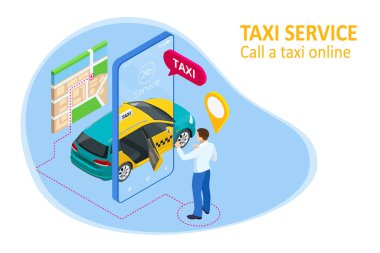 Isometric Online Taxi sipariş ediyor ve çevrimiçi taksi çağırıyor. İniş sayfası için mobil uygulama kavramı. Sokak trafiği, park, şehir ulaşımı, akıllı telefon ve dokunmatik ekrandaki GPS güzergahı lobutları