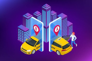 Isometric Online Taxi sipariş ediyor ve çevrimiçi taksi çağırıyor. İniş sayfası için mobil uygulama kavramı. Sokak trafiği, park, şehir ulaşımı, akıllı telefon ve dokunmatik ekrandaki GPS güzergahı lobutları