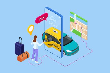 Isometric Online Taxi sipariş ediyor ve çevrimiçi taksi çağırıyor. İniş sayfası için mobil uygulama kavramı. Sokak trafiği, park, şehir ulaşımı, akıllı telefon ve dokunmatik ekrandaki GPS güzergahı lobutları