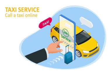 Isometric Online Taxi sipariş ediyor ve çevrimiçi taksi çağırıyor. İniş sayfası için mobil uygulama kavramı. Sokak trafiği, park, şehir ulaşımı, akıllı telefon ve dokunmatik ekrandaki GPS güzergahı lobutları