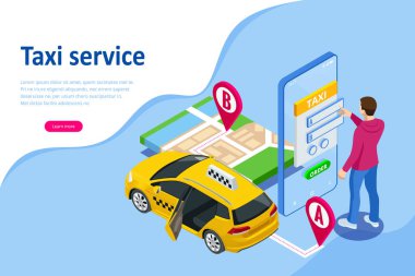 Isometric Online Taxi sipariş ediyor ve çevrimiçi taksi çağırıyor. İniş sayfası için mobil uygulama kavramı. Sokak trafiği, park, şehir ulaşımı, akıllı telefon ve dokunmatik ekrandaki GPS güzergahı lobutları