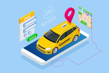 Isometric Online Taxi sipariş ediyor ve çevrimiçi taksi çağırıyor. İniş sayfası için mobil uygulama kavramı. Sokak trafiği, park, şehir ulaşımı, akıllı telefon ve dokunmatik ekrandaki GPS güzergahı lobutları