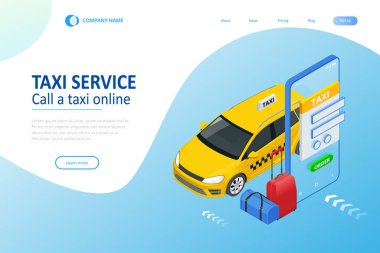 Isometric Online Taxi sipariş ediyor ve çevrimiçi taksi çağırıyor. İniş sayfası için mobil uygulama kavramı. Sokak trafiği, park, şehir ulaşımı, akıllı telefon ve dokunmatik ekrandaki GPS güzergahı lobutları