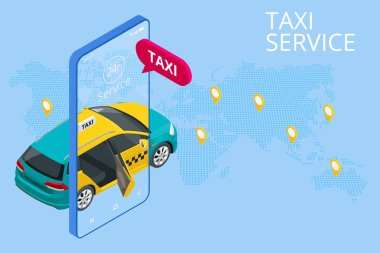 Isometric Online Taxi sipariş ediyor ve çevrimiçi taksi çağırıyor. İniş sayfası için mobil uygulama kavramı. Sokak trafiği, park, şehir ulaşımı, akıllı telefon ve dokunmatik ekrandaki GPS güzergahı lobutları