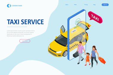 Isometric Online Taxi sipariş ediyor ve çevrimiçi taksi çağırıyor. İniş sayfası için mobil uygulama kavramı. Sokak trafiği, park, şehir ulaşımı, akıllı telefon ve dokunmatik ekrandaki GPS güzergahı lobutları