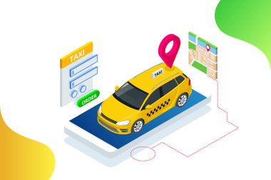 Isometric Online Taxi sipariş ediyor ve çevrimiçi taksi çağırıyor. İniş sayfası için mobil uygulama kavramı. Sokak trafiği, park, şehir ulaşımı, akıllı telefon ve dokunmatik ekrandaki GPS güzergahı lobutları