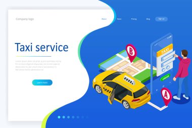 Isometric Online Taxi sipariş ediyor ve çevrimiçi taksi çağırıyor. İniş sayfası için mobil uygulama kavramı. Sokak trafiği, park, şehir ulaşımı, akıllı telefon ve dokunmatik ekrandaki GPS güzergahı lobutları