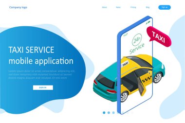 Isometric Online Taxi sipariş ediyor ve çevrimiçi taksi çağırıyor. İniş sayfası için mobil uygulama kavramı. Sokak trafiği, park, şehir ulaşımı, akıllı telefon ve dokunmatik ekrandaki GPS güzergahı lobutları