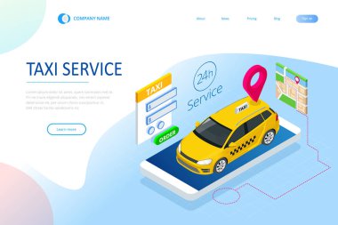 Isometric Online Taxi sipariş ediyor ve çevrimiçi taksi çağırıyor. İniş sayfası için mobil uygulama kavramı. Sokak trafiği, park, şehir ulaşımı, akıllı telefon ve dokunmatik ekrandaki GPS güzergahı lobutları