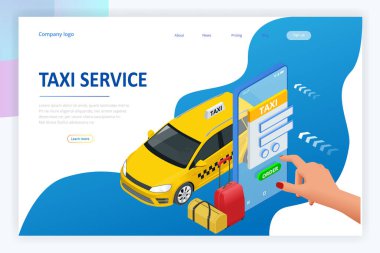 Isometric Online Taxi sipariş ediyor ve çevrimiçi taksi çağırıyor. İniş sayfası için mobil uygulama kavramı. Sokak trafiği, park, şehir ulaşımı, akıllı telefon ve dokunmatik ekrandaki GPS güzergahı lobutları