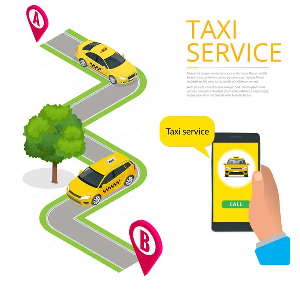 Isométrico Pedido de taxi en línea y llamar a un taxi en línea, concepto de aplicación móvil para la página de destino. Tráfico público, estacionamiento, transporte urbano, puntos de ruta GPS en el teléfono inteligente y la pantalla táctil — Archivo Imágenes Vectoriales