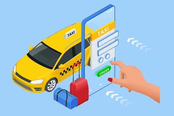 Isometrische bestellen Online Taxi en bel een taxi online, mobiele applicatie concept voor landing page. Straatverkeer, parkeren, stadsvervoer, GPS-routepuntpinnen op smartphone en touchscreen — Stockvector