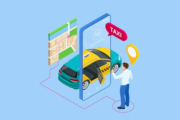アイソメトリックオンラインタクシーを注文し、ランディングページのためのタクシーをオンラインで、モバイルアプリケーションのコンセプトを呼び出します。道路交通、駐車場、都市交通、 GPSルートポイントピンスマートフォンやタッチスクリーン — ストックベクタ