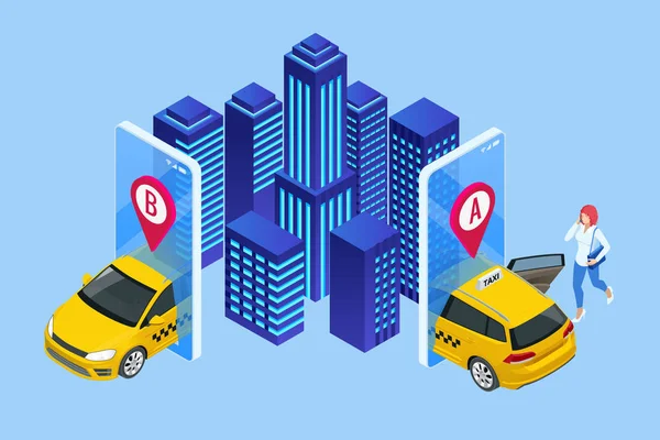 Ізометричне замовлення онлайн таксі і виклик таксі онлайн, концепція мобільного додатку для цільової сторінки. Вуличний трафік, паркінг, міський транспорт, GPS точкові штифти на смартфоні та сенсорному екрані — стоковий вектор