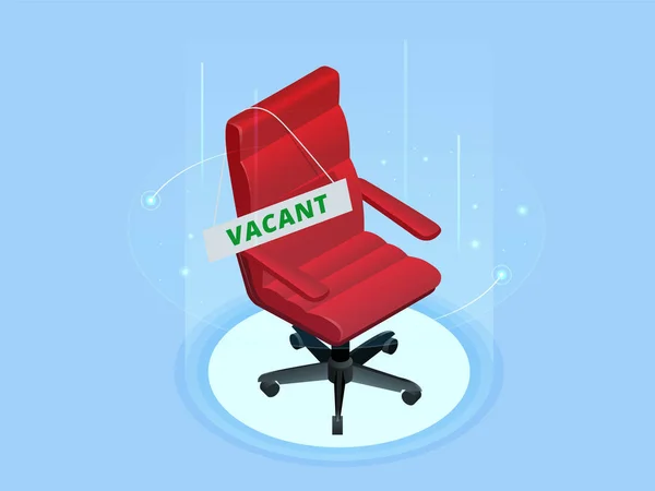 Üres állás. Izometrikus foglalkoztatás, betöltetlen állás és munkaerő-felvétel. Piros szék üres és az üzleti toborzás. — Stock Vector