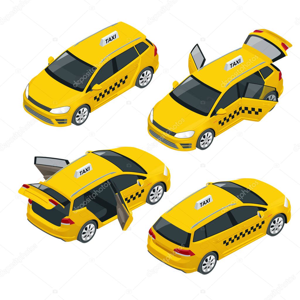 Isometric yellow taxi car with open and closed doors back and front view isolated on white. Icon taxi car set