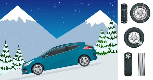 Γλιστράει, πάγος, χειμώνας, χιόνι και αυτοκίνητα. Προσοχή Χιόνι. Χειμερινή οδήγηση και οδική ασφάλεια. Αστικές μεταφορές. Αλυσίδες χιόνι για το αυτοκίνητο τροχούς σε λευκό φόντο. — Διανυσματικό Αρχείο
