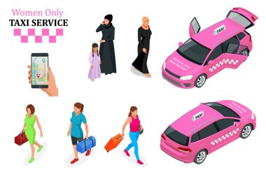 Sadece Kadınlar Taksi Hizmeti konsepti. Akıllı telefon ve dokunmatik ekran.