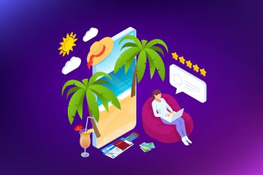 Isometric Turizm ve Rezervasyon Uygulaması kavramı. Seyahat ekipmanları ve bavullar taşınabilir dizüstü bilgisayarın dokunmatik ekranında. Seyahat ve turizm geçmişi.