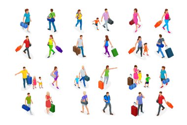Isometric Turizm ve Rezervasyon Uygulaması kavramı. Seyahat ekipmanları ve bavullar taşınabilir dizüstü bilgisayarın dokunmatik ekranında. Seyahat ve turizm geçmişi.