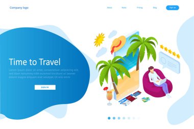 Isometric Turizm ve Rezervasyon Uygulaması kavramı. Seyahat ekipmanları ve bavullar taşınabilir dizüstü bilgisayarın dokunmatik ekranında. Seyahat ve turizm geçmişi.