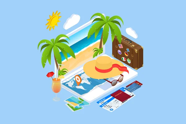 Isometric Tourism and Booking App concept. Travel equipment and luggage on a mobile laptop touch screen. Travel and tourism background. — Stock vektor