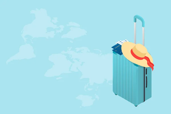 Isometric Tourisme et réservation App concept. Équipement de voyage et bagages sur un écran tactile d'ordinateur portable mobile. Voyages et tourisme . — Image vectorielle