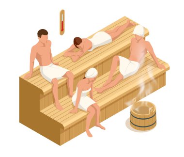 Ahşap kaplama saunası ve insanlar, spa rahatlığı ve sağlık. İlişki, rahatlama, eğlence ve refah yaşam tarzı konsepti