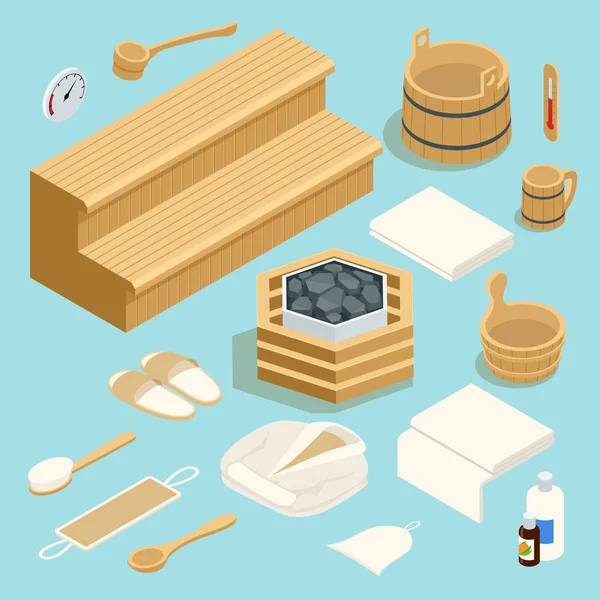 Isometric room with traditional sauna accessories isoladed on white. Different tool for sauna. — Stock vektor