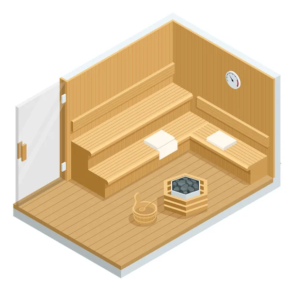 Interior da Sauna Isométrica. Sauna finlandesa, sauna clássica de madeira. Bancos de madeira e espreguiçadeiras acessórios para sauna, complexo de spa no hotel — Vetor de Stock