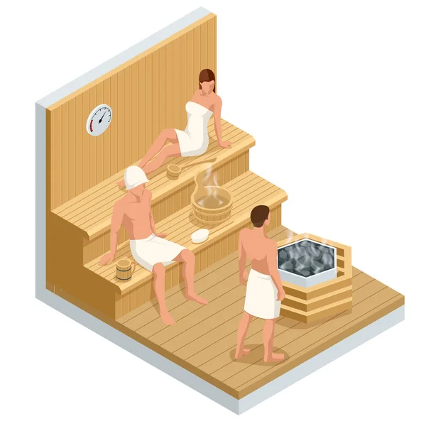 Interior isométrico de madeira sauna finlandesa e pessoas, relaxamento spa e saúde. Relacionamento, relaxamento, lazer e conceito de estilo de vida de bem-estar — Vetor de Stock