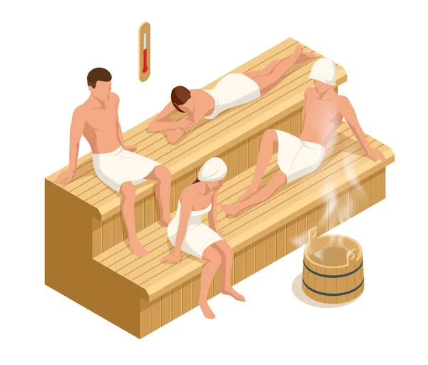 Izometryczne wnętrze drewnianej sauny fińskiej i ludzi, relaks w spa i zdrowie. Relacja, relaks, rekreacja i wellness koncepcja stylu życia — Wektor stockowy
