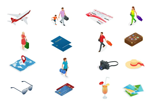 Izometrikus Turisztikai és Foglalási Alkalmazás ikonok. Utazási felszerelések és csomagok egy mobil laptop érintőképernyőn. Utazási és turisztikai háttér. — Stock Vector