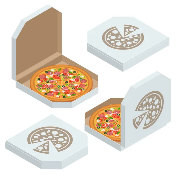 Set izometric de șablon de cutie de pizza albă izolat pe fundal alb. Pizza integrală din cutie de ambalare maro închisă și deschisă . — Vector de stoc