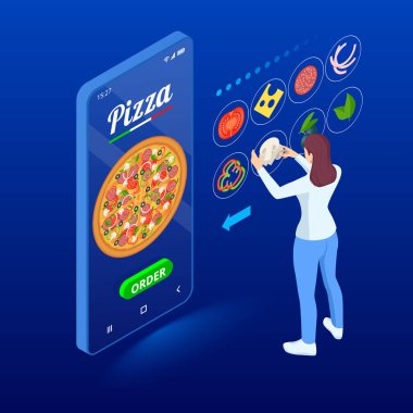 E-ticaret kavramı sipariş gıda online web sitesi. Fast food pizza teslimat online hizmet. Düz izometrik vektör çizim. Reklam, Infographic, oyun veya mobil apps simgesi için kullanılabilir.