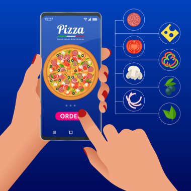 E-ticaret kavramı sipariş gıda online web sitesi. Fast food pizza teslimat online hizmet. Düz izometrik vektör çizim. Reklam, Infographic, oyun veya mobil apps simgesi için kullanılabilir.