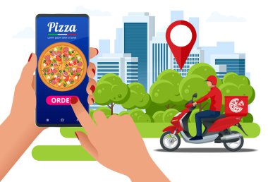 Ticaret konsepti internetten yemek siparişi veriyor. İnternetten fast food pizza servisi. Düz çizim. Reklam, bilgi, oyun veya mobil uygulama simgesi için kullanılabilir.