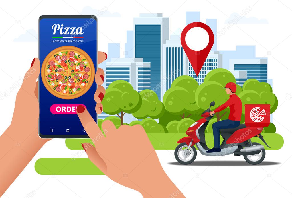 Ecommerce concept order food online website. Fast food pizza delivery online service. Flat illustration. Can be used for advertisement, infographic, game or mobile apps icon.