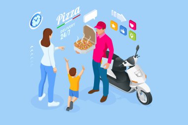 Isometric Çevrimiçi Pizza Siparişi mobil uygulama şablonları. Ücretsiz teslimat, Fast Food çevrimiçi dağıtım.