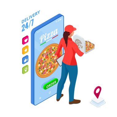Isometric Çevrimiçi Pizza Siparişi mobil uygulama şablonları. Ücretsiz teslimat, kadın kurye, Fast Food çevrimiçi dağıtım servisi.
