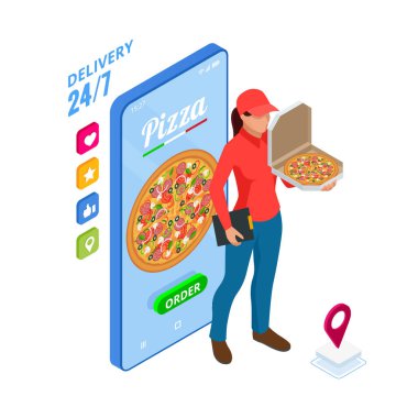 Isometric Çevrimiçi Pizza Siparişi mobil uygulama şablonları. Ücretsiz teslimat, kadın kurye, Fast Food çevrimiçi dağıtım servisi.
