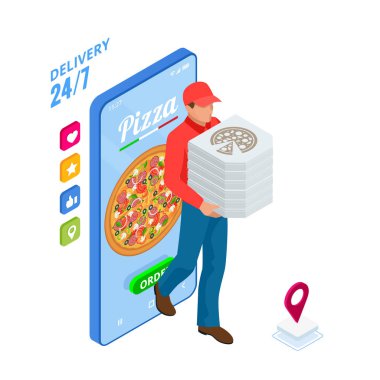 Isometric Çevrimiçi Pizza Siparişi mobil uygulama şablonları. Ücretsiz teslimat, Fast Food çevrimiçi dağıtım.