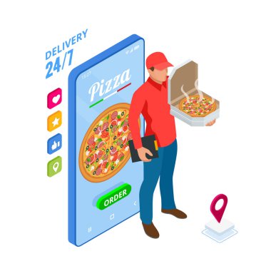 Isometric Çevrimiçi Pizza Siparişi mobil uygulama şablonları. Ücretsiz teslimat, Fast Food çevrimiçi dağıtım.