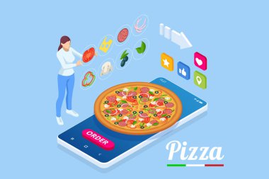 Isometric Çevrimiçi Pizza Siparişi mobil uygulama şablonları. Ücretsiz teslimat, Fast Food çevrimiçi dağıtım.