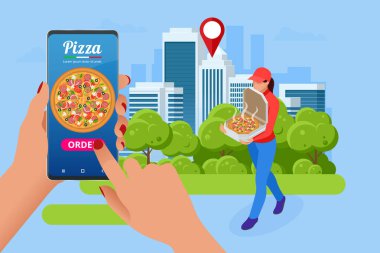 Isometric Çevrimiçi Pizza Siparişi mobil uygulama şablonları. Ücretsiz teslimat, Fast Food çevrimiçi dağıtım.